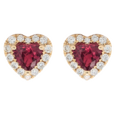 14K Yellow Gold Ruby Heart Stud Diamond Halo Earrings